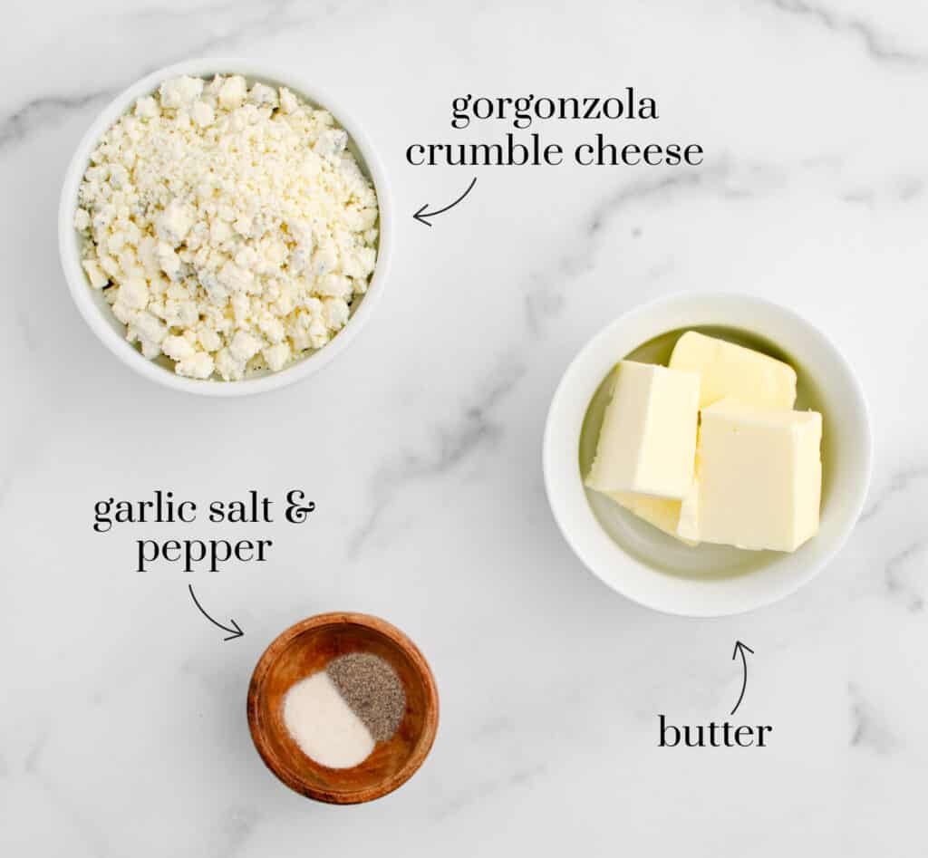 Butter Gorgonzola Garlic Salt Pepper on White Marble Surface