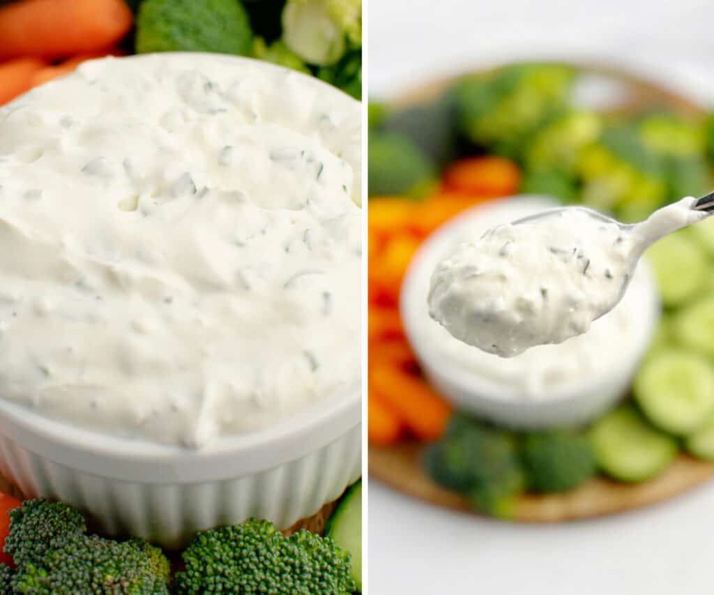 Green Goddess Dip Closeup (left) with Veggies (right)