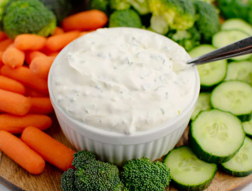 Green Goddess Dip with Veggies Closeup