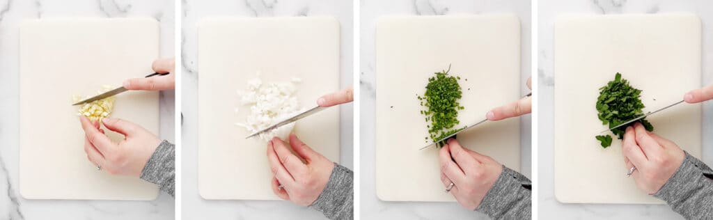 Chopping Herbs, Onions, and Garlic on White Cutting Board
