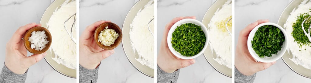 Adding Herbs, Onions, and Garlic to Cream Cheese and Sour Cream Mix