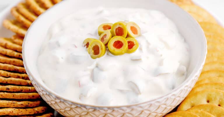 Green Olive Dip in Bowl with Crackers