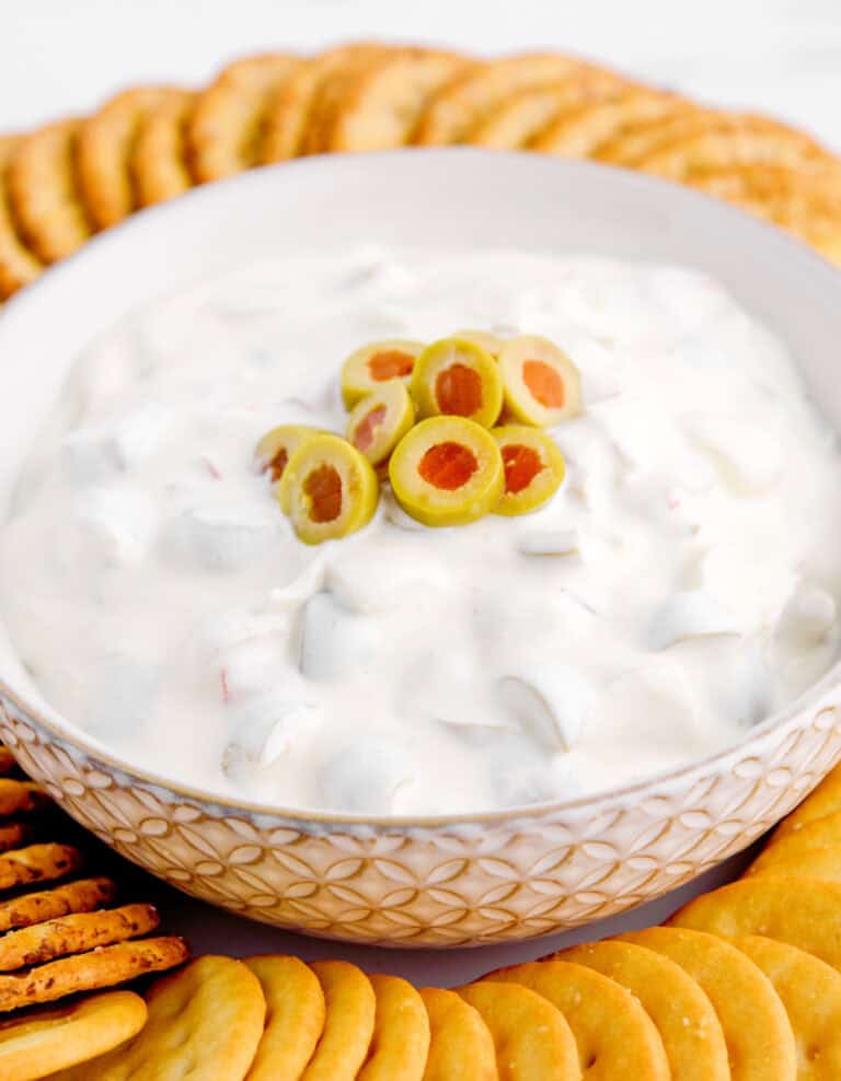 Green Olive Dip in Bowl with Crackers