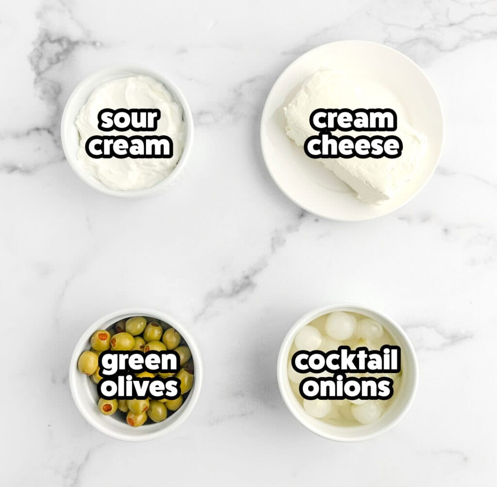 Bowls of Green Olives, Cocktail Onions, Sour Cream, and Cream Cheese