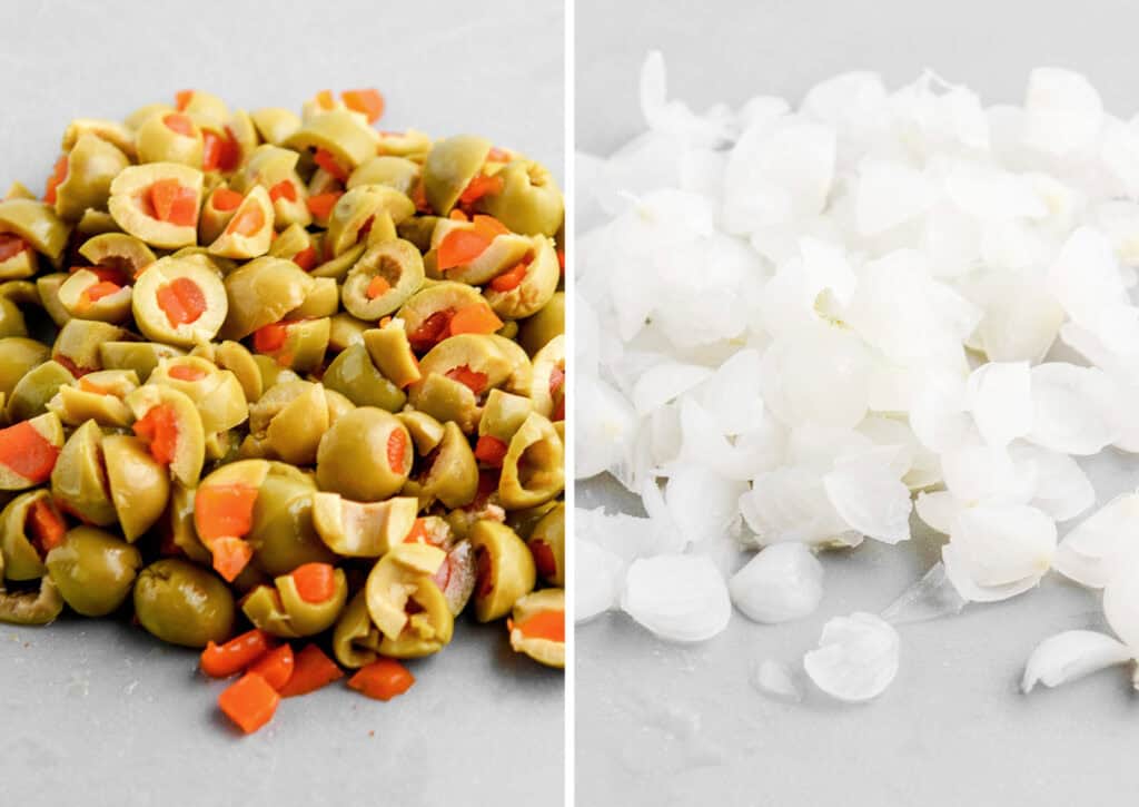 Chopped Green Olives and Cocktail Onions on Grey Cutting Board