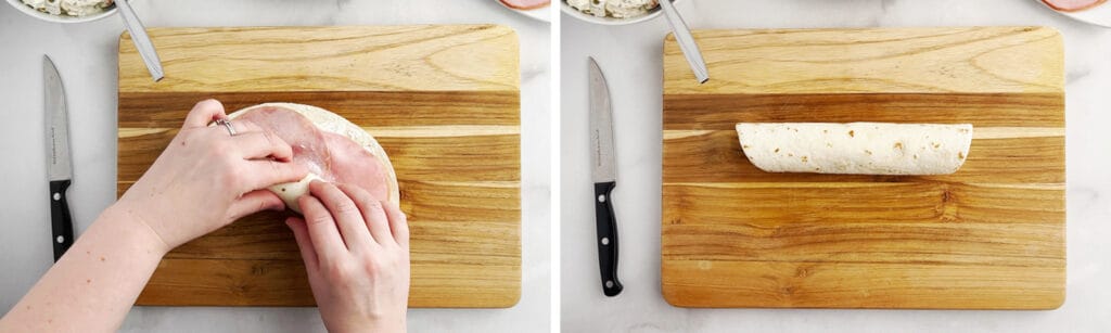 Rolling Tortilla with Cream Cheese and Ham on Cutting Board