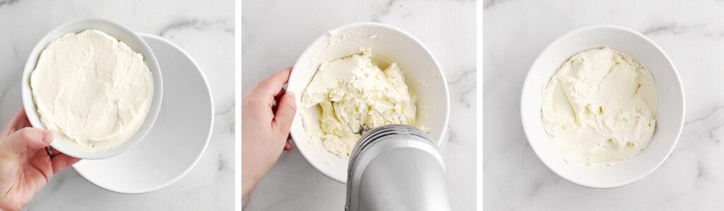Cream Cheese in Mixing Bowl with Hand Mixer