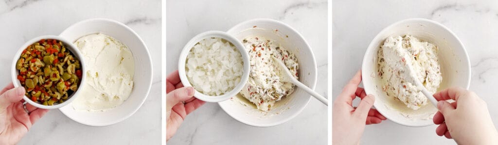 Adding Green Olives and Cocktail Onions to Cream Cheese