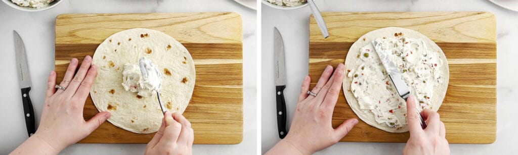 Spread Cream Cheese Mixture on Flour Tortillas