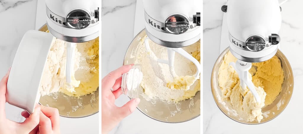 Adding Dry Ingredients Into Cookie Dough in Stand Mixer Bowl