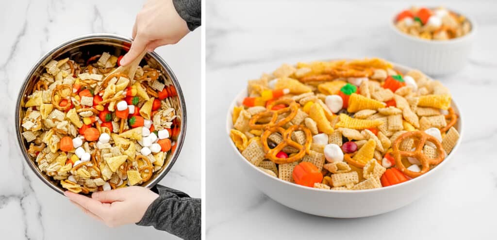 Final Mixing of Treat Mix (left) and Adding to Serving Bowl (right)