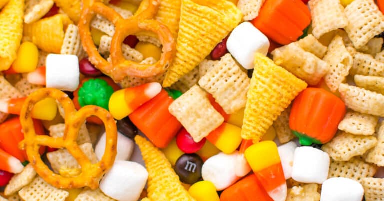 Harvest Halloween Snack Mix with Rice Chex, Bugles, Pretzels and Candy