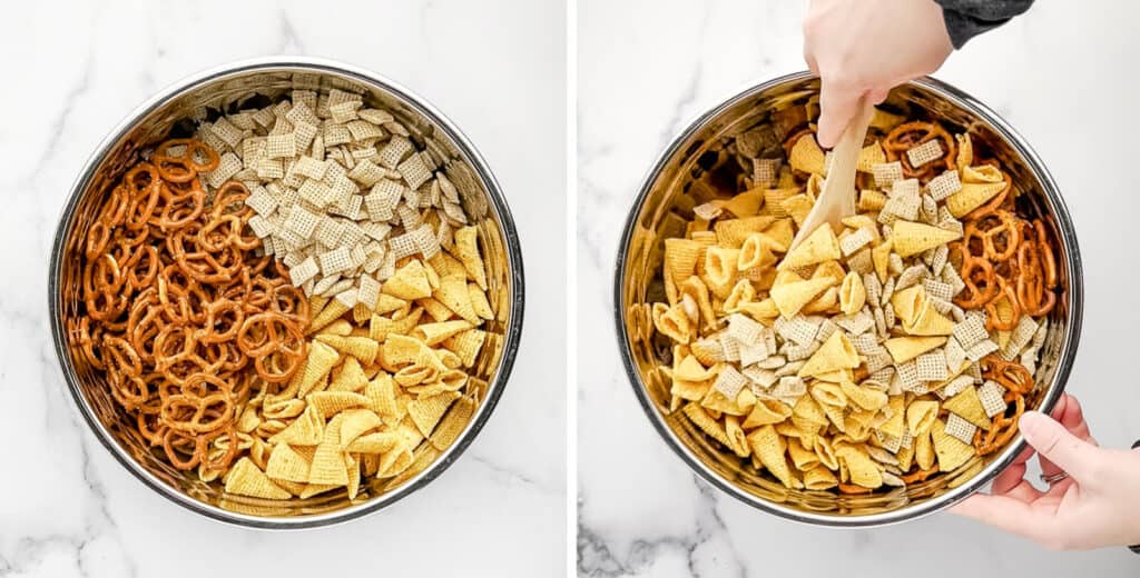 Chex Pretzels and Bugles Mixed in Metal Bowl with Wooden Spoon