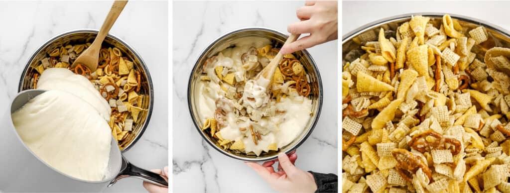 Adding Sugar Coating to Chex, Pretzels, and Bugles and Mixing in Metal Bowl