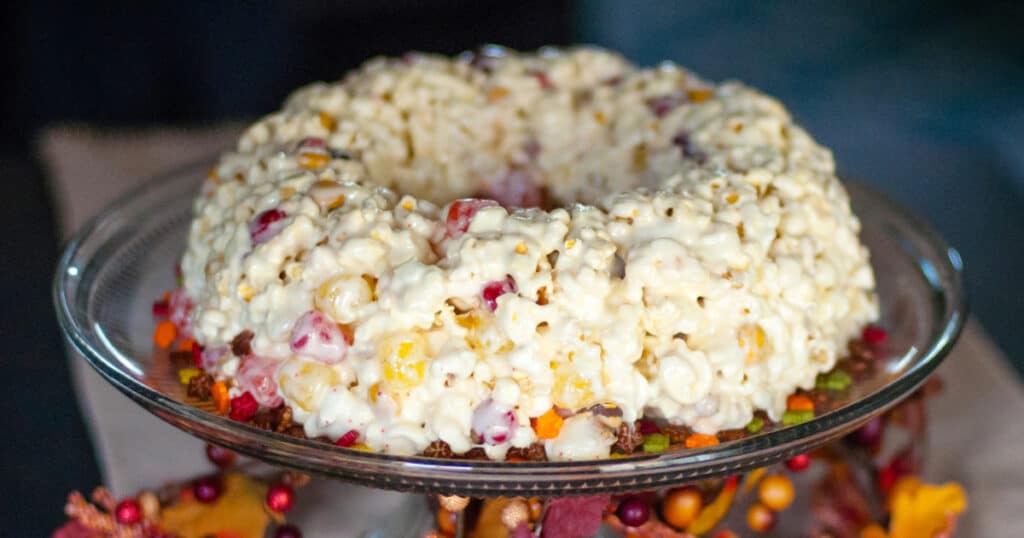 Harvest Spice Popcorn Cake on Serving Plate