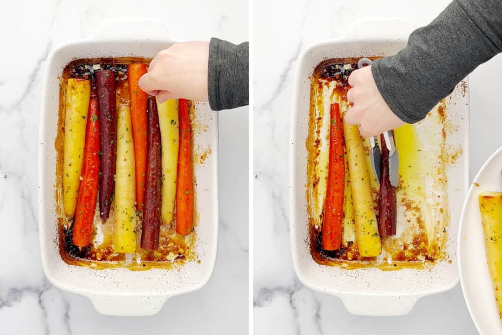 Garnishing Roasted Carrots with Parsley (left) and Plating  on Serving Platter (right)