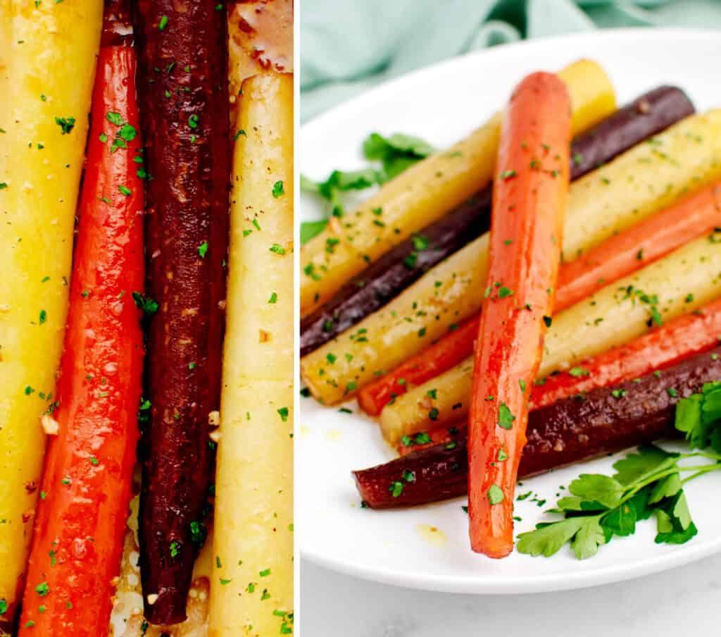 Roasted Carrots Closeup (left) on Platter (right)