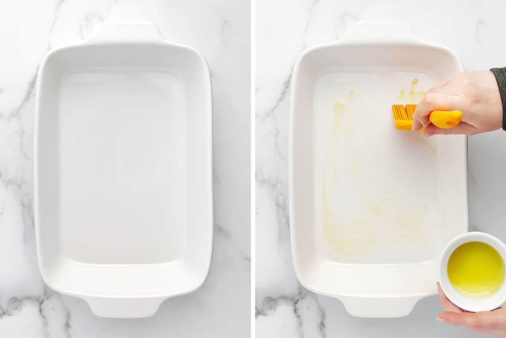Brushing White Baking Dish with Olive Oil