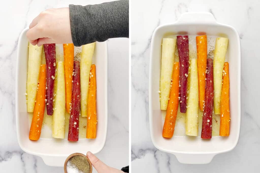Seasoning Rainbow Carrots with Salt and Pepper in White Baking Dish