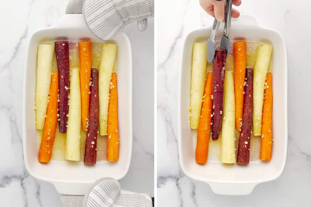 Removing Carrots from Oven After 15 Minutes and Flipping Carrots in White Baking Dish 