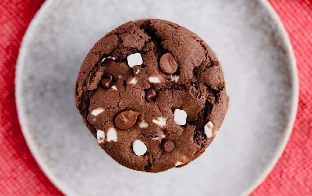 Hot Cocoa Cookies on Grey Plate with Red Towel
