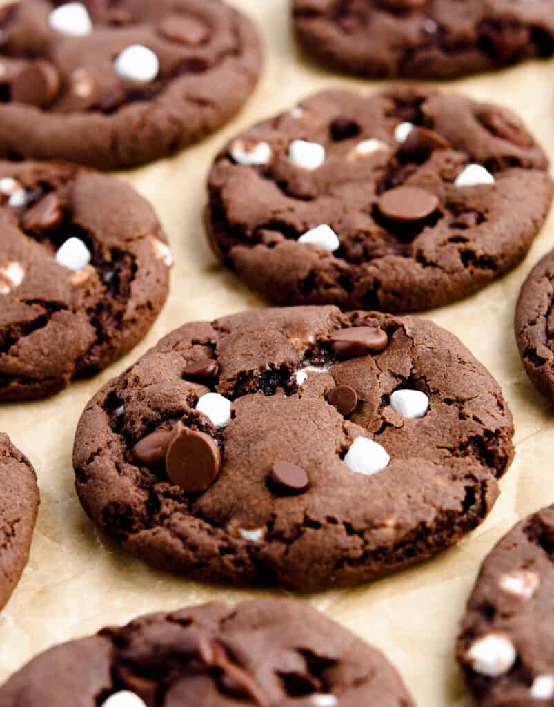 Finished Hot Cocoa Cookies on Brown Parchment