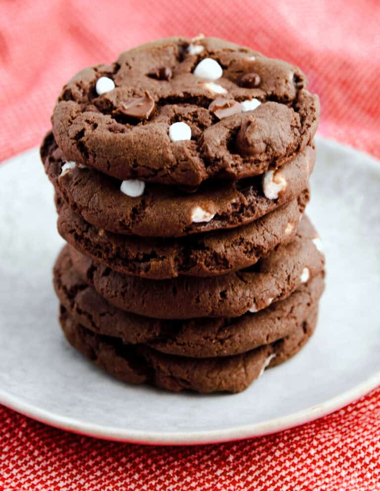 Hot Cocoa Cookies Stacked on Plate on Red Kitchen Towel