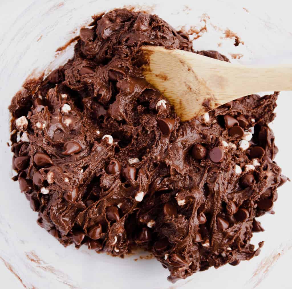 Fully Mixed Chocolate Cookie Dough in Glass Bowl