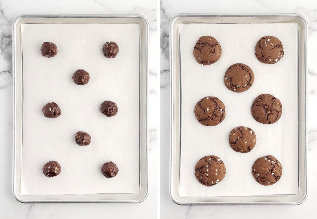 Cookie Dough Balls on Baking Sheet (left) Baked Cookies on Baking Sheet (right)