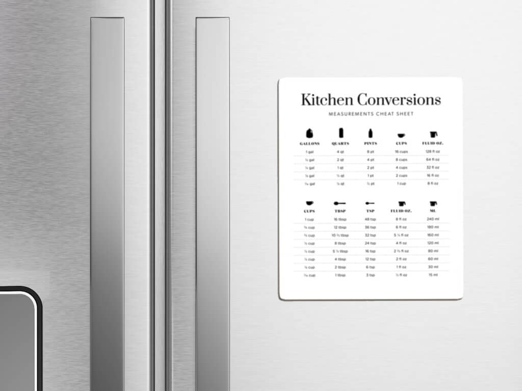 Stainless Steel Refrigerator with Kitchen Conversions Measurements Chart Magnet
