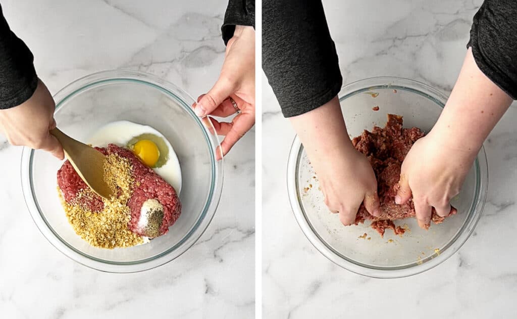 Stirring Meat Mixture with Spoon (right), Knead Mixture with Hands (right)
