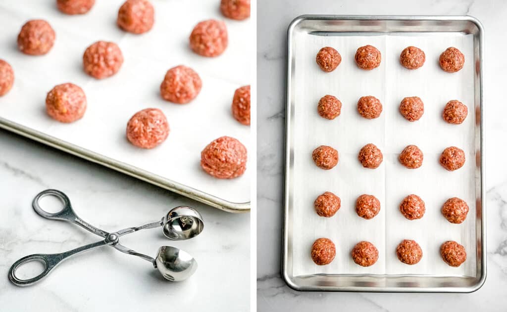 Meatballs on Baking Sheet with Meatball Maker (right) Meatballs in Rows on Baking Sheet with Parchment Paper (right)