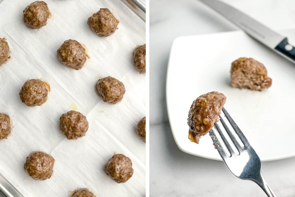 Baked Meatballs on a Baking Sheet (left) Fork with Meatball Cut Open on a Plate (right)