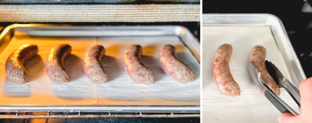Baked Brats on Baking Sheet (left) Flipping Brats with Tongs (right)