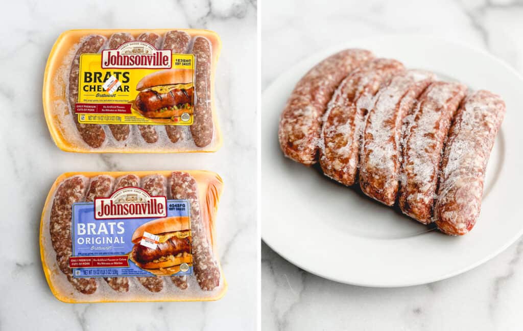 Frozen Johnsonville Brats in Package (left) On a Plate (right)