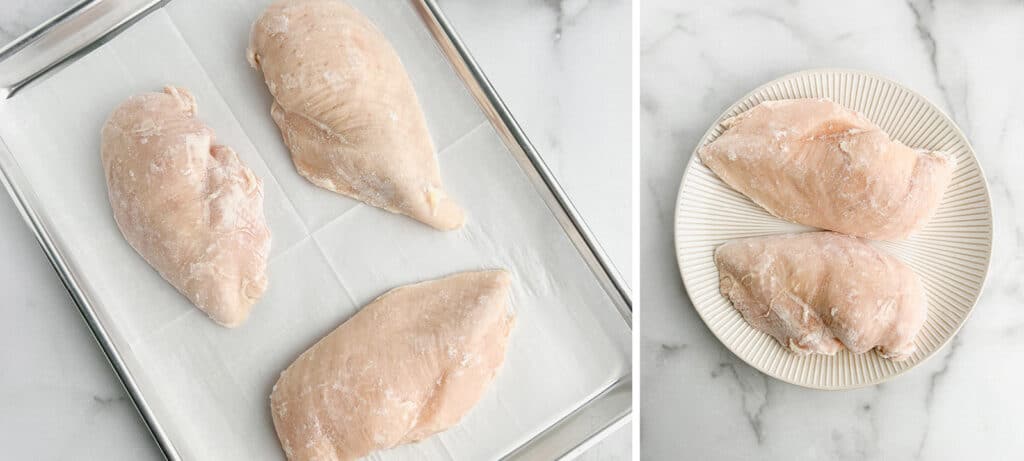 Frozen Chicken Breasts on a Baking Sheet with Parchment Paper (left) Frozen Chicken Breasts on a Plate (right)