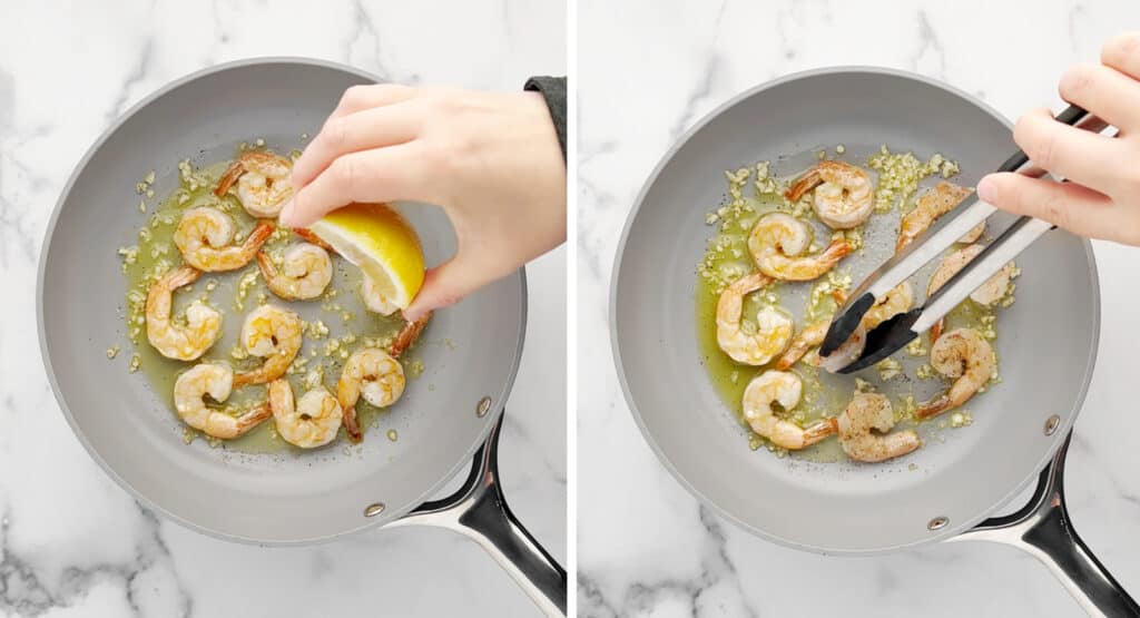 Adding Fresh Lemon Juice to Shrimp in Pan with Olive OIl, Garlic, and Seasonings