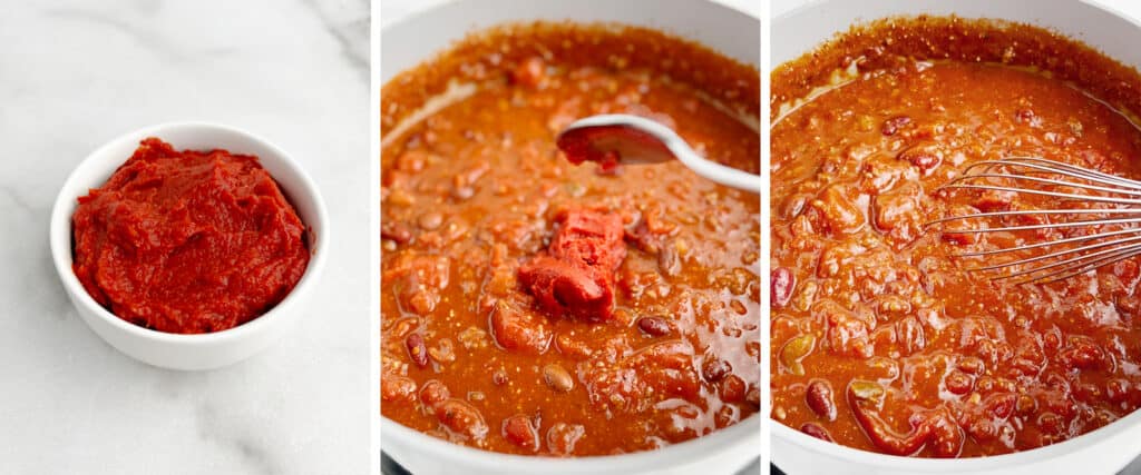 Tomato Paste in White Bowl (left) Tomato Paste Added to Chili (middle and right)