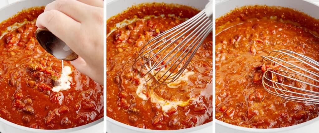 Adding Arrowroot to Pot of Chili with Whisk