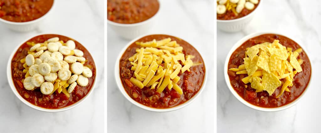 Chili Topped with Crackers, Cheese, and Tortilla Chips