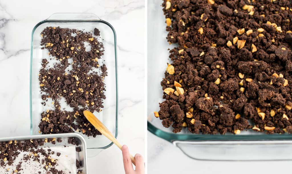 Adding Half of Chocolate Crunch Mixture to Glass Pan