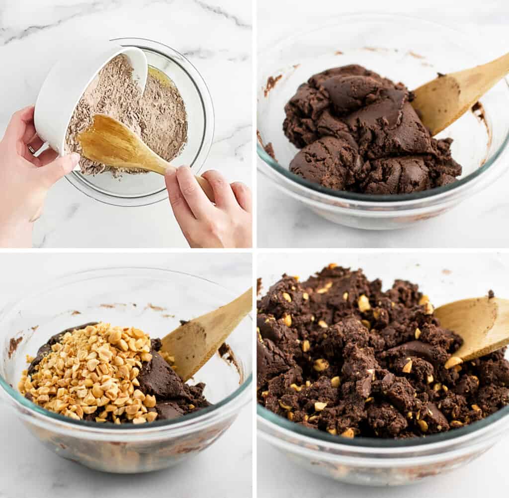 Adding Chocolate Cake Mix and Peanuts to the Melted Butter in Glass Mixing Bowl