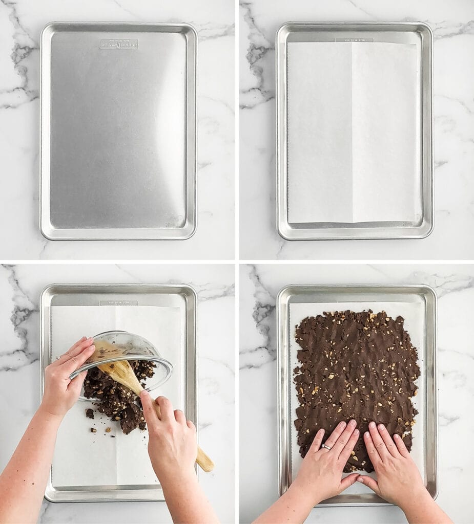 Adding the Chocolate Crunch Mixture to a Baking Sheet
