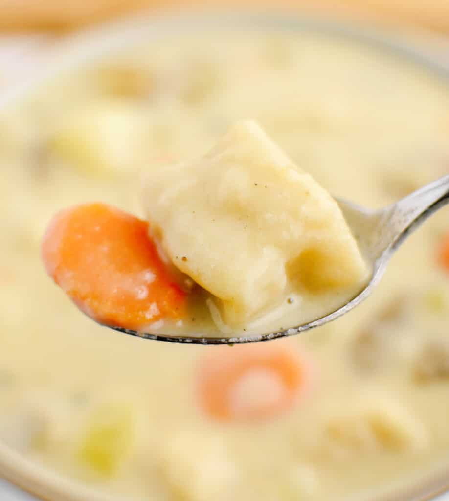 Closeup of Dumpling with Carrot on Spoon