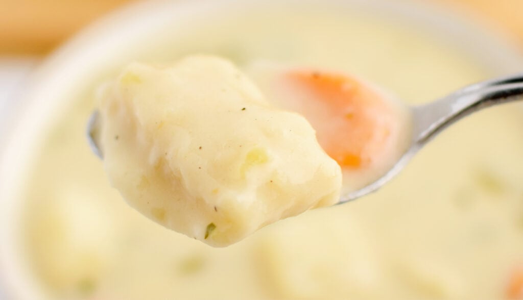 Closeup of Dumpling and Carrot on Spoon