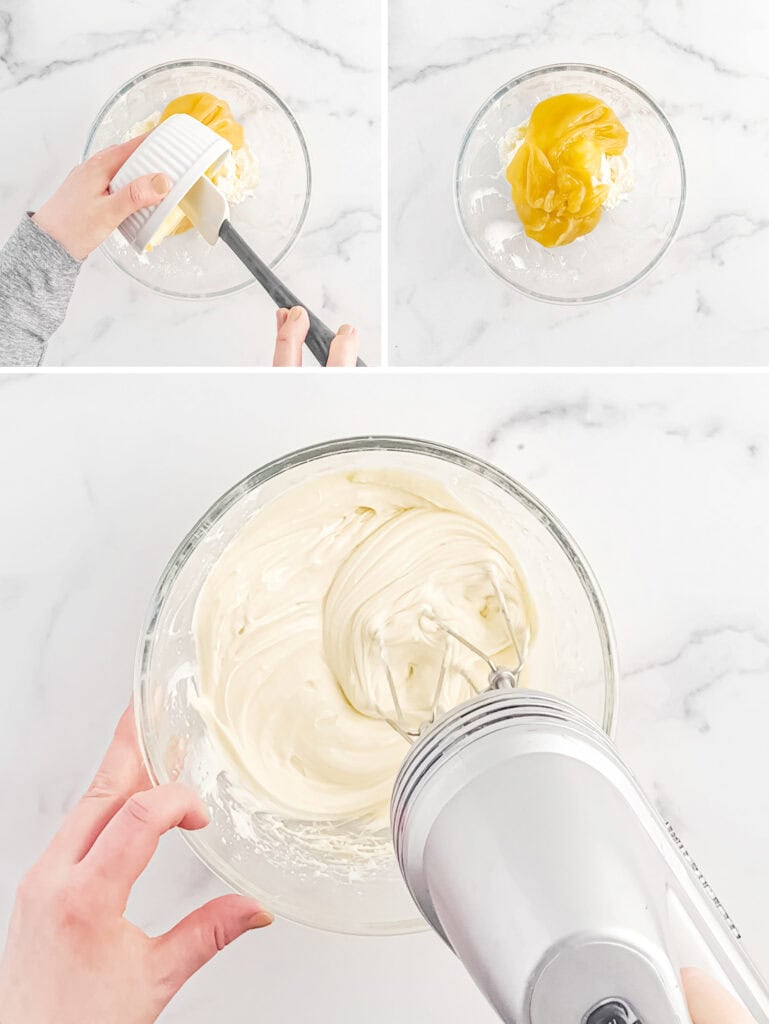 Mixing in Lemon Curd to Cream Cheese Mixture in Glass Bowl