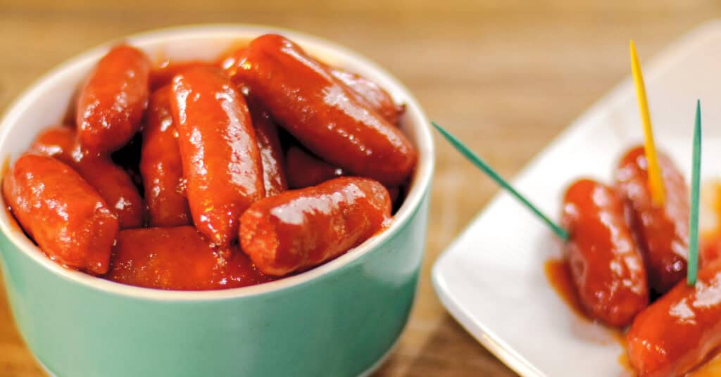 Little Smokies in Barbecue Sauce in Teal Bowl and on Plate with Toothpicks