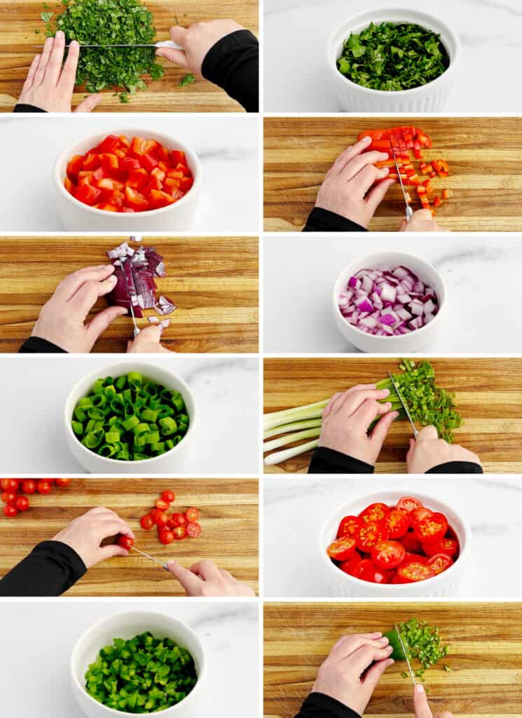 Chopping Veggies Cilantro, Red Pepper, Red Onion, Green Onion, Cherry Tomatoes, Jalapeno