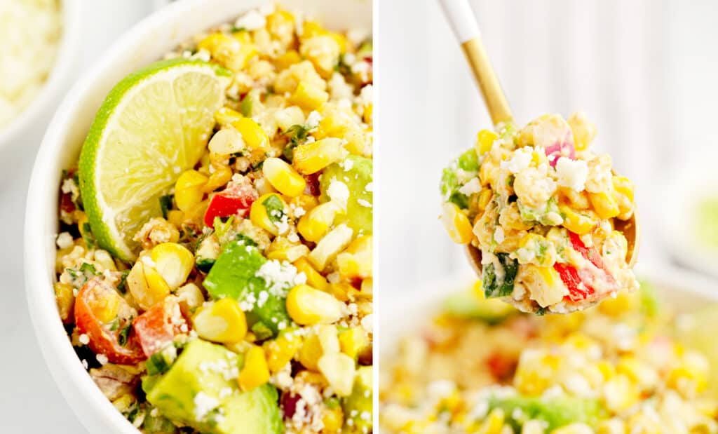 Street Corn Salad Closeup (left) on Spoon (right)