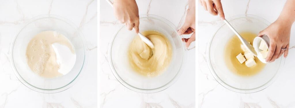 Mixing Sugar, Milk, Butter in Glass Mixing Bowl on Marble Surface